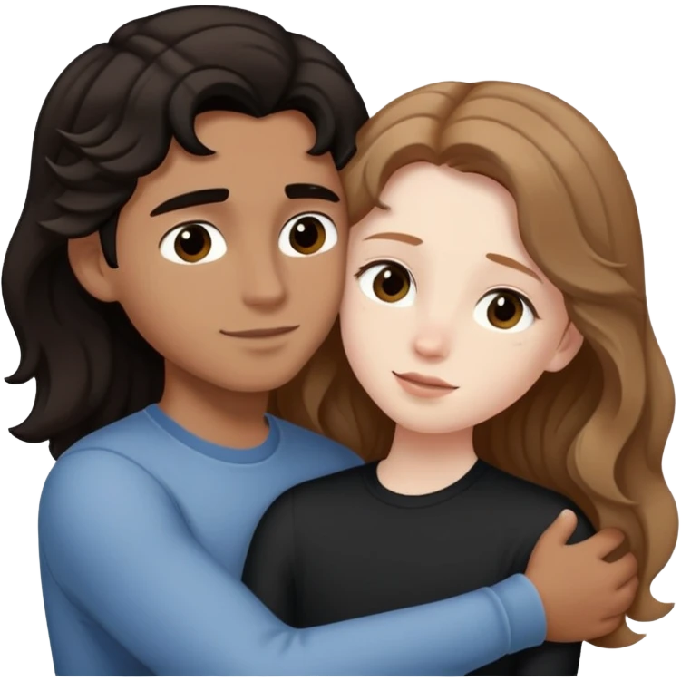 girl with long light brown hair and pale skin hugging a boy with short black wavy hair and tanned skin emoji