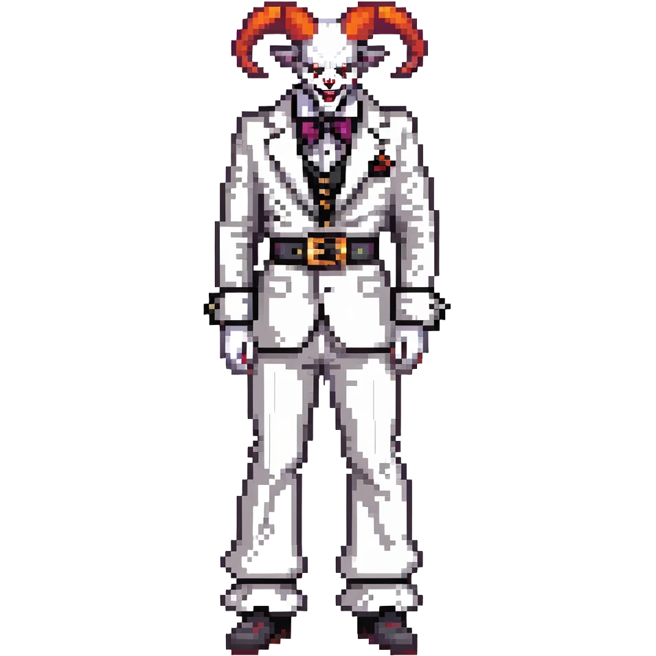 full-body demonic clown in black and white leisure suit with bellbottom pants, bald, black ram horns, flashy black and white belt, ruffled white shirt, no neck tie, large fangs emoji