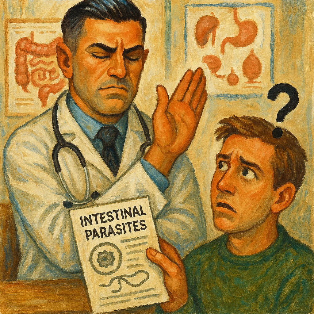 Create a semi-realistic or expressive style image of a male doctor inspired by the reference image, wearing a white coat. The doctor is waving off a medical report about intestinal parasites, with a closed expression. The patient looks confused. The setting is a doctor's office with anatomical charts. The tone is critical and ironic. emoji