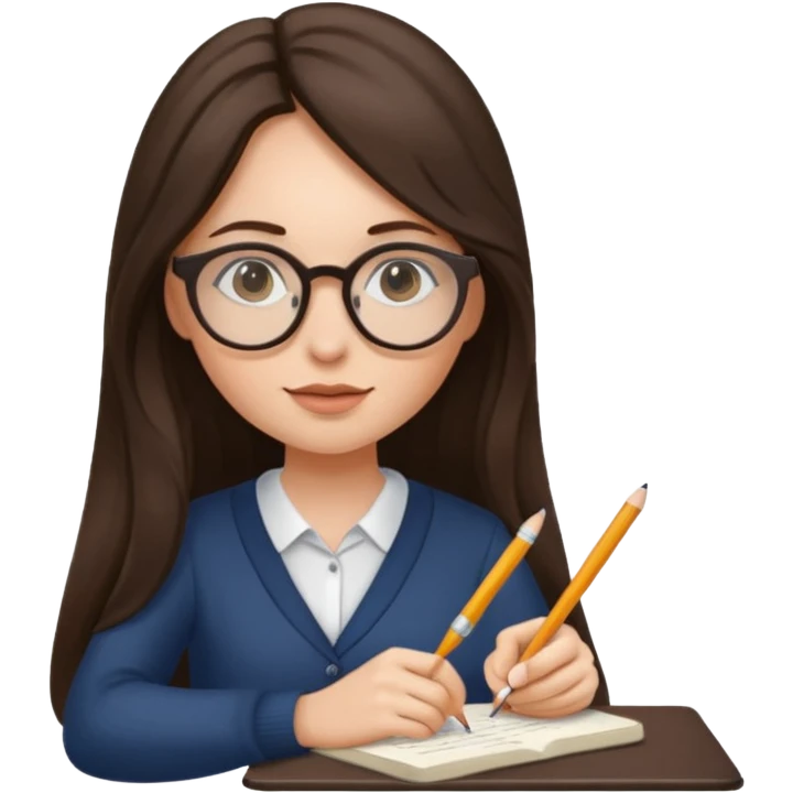 brunette woman with long hair and round glasses, writing emoji