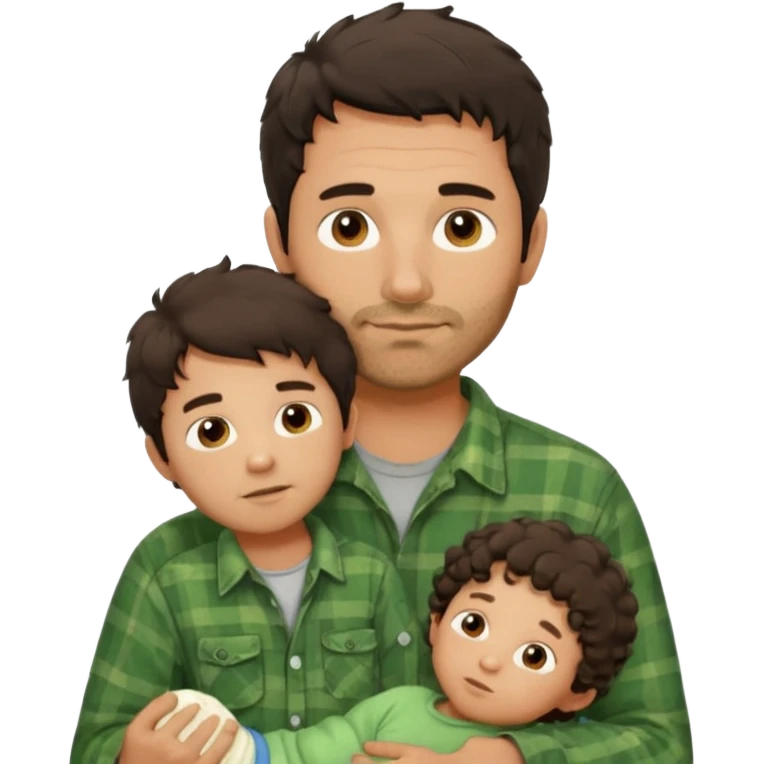 A father with messy medium-length dark hair and light stubble, wearing a green flannel shirt. He holds his child who has short curly brown hair and a cream-colored romper. Cozy warm lighting, authentic family moment. emoji