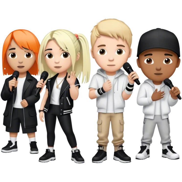 Pop music collage: Justin Bieber, Eminem, Ed Sheeran, and Billie Eilish in signature looks. Stage lights, microphones, and musical notes around them. Transparent background. emoji