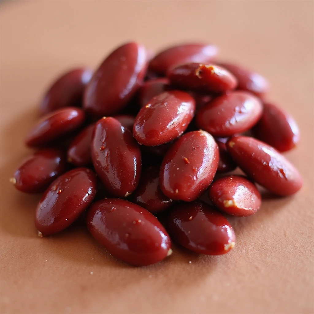 realistic candied almonds with a glossy dark red candy coating, arranged in a small pile, no background emoji
