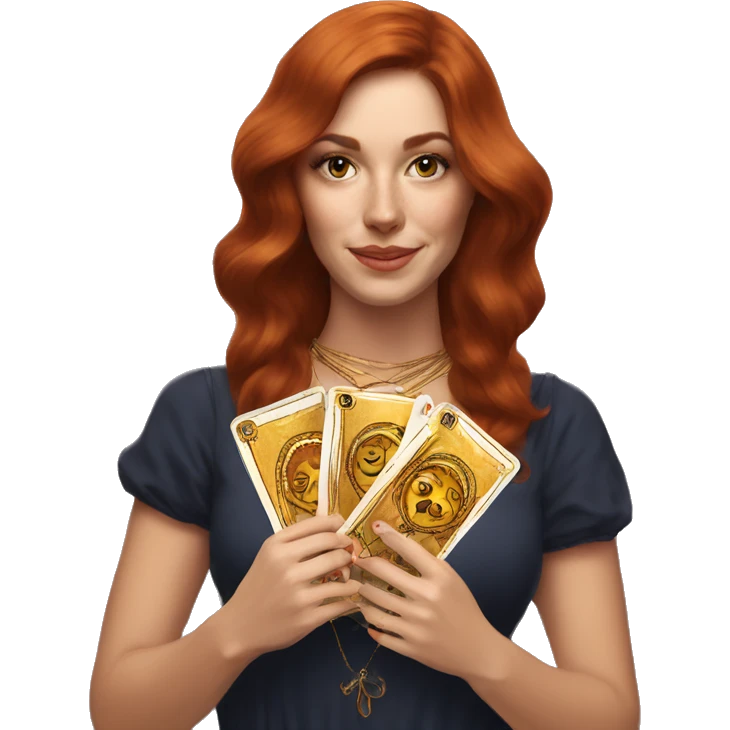 auburn hair beautiful girl with tarot gold cards emoji
