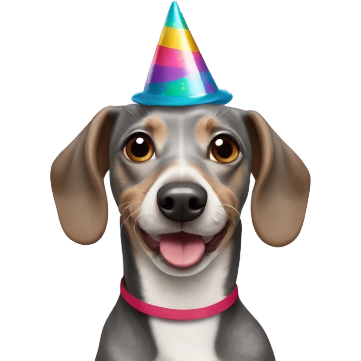 Grey Weiner dog with a party hat emoji