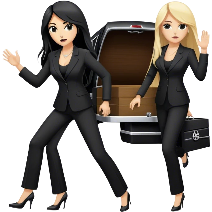 Two woman in black pants suits. They have long hair. One has black hair and one is blond. They are punching a stretcher with a coffin on into a black Mercedes Vito  emoji