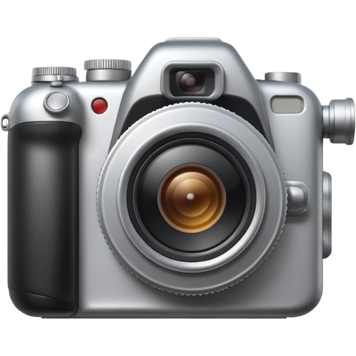 Minimal emoji icon of a modern metalic camera, front view, simple shapes, realistic lens,  emoji