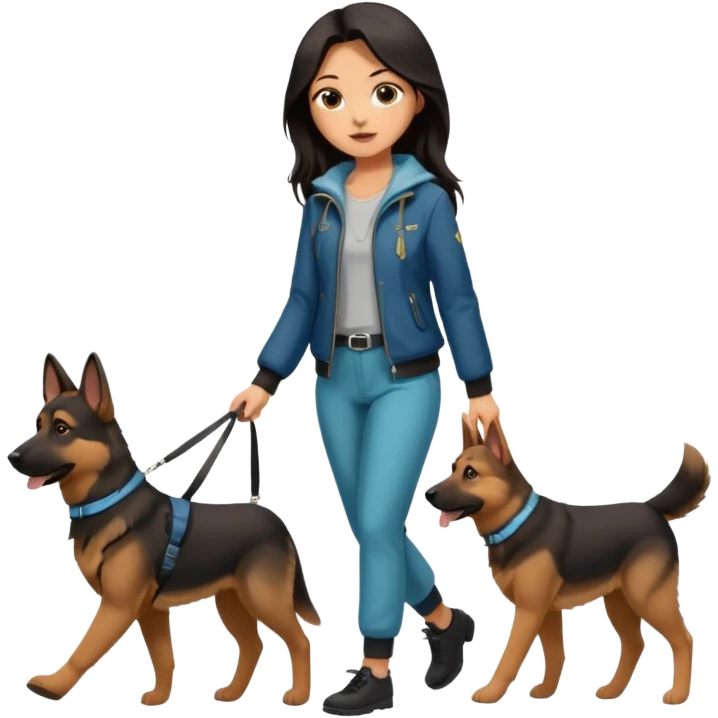 A girl with rather long brown-black hair is walking her German Shepherd. She's dressed very nicely in cute pants and a stylish jacket. emoji