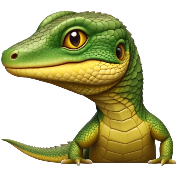 cinematic-realistic-cute-monitor-lizard-portrait-emoji,-head-tilted-playfully-and-inquisitively,-featuring-a-compact,-agile-body-with-finely-detailed,-glossy-scales-in-earthy-olive-hues-and-a-distinct,-alert-face-with-bright,-curious-eyes, yellow and dark green scales emoji