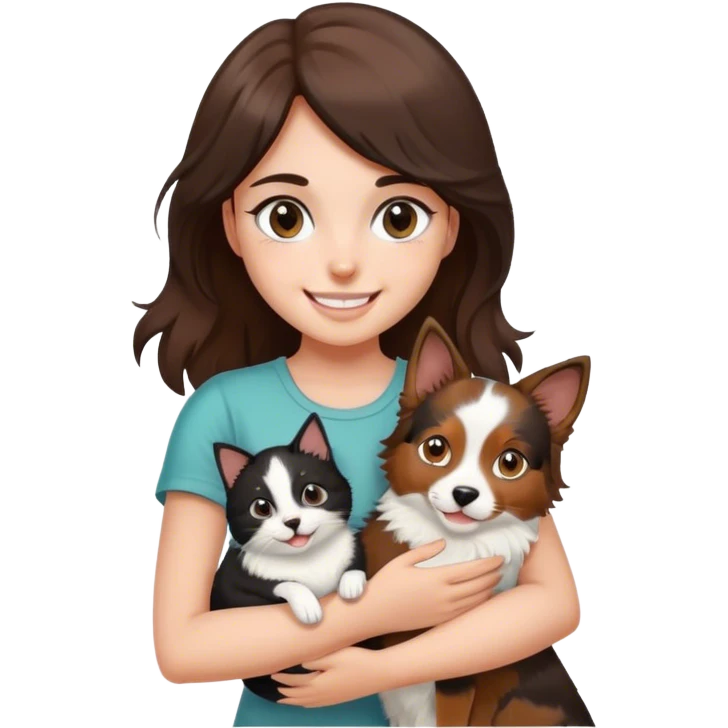 smiling girl with black and White cat and Brown and white Australian shepherd emoji