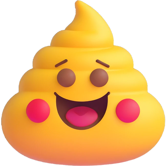 misen.com-inspired five-dot logo, center dot replaced by a cute poop emoji face, simple bold playful style emoji