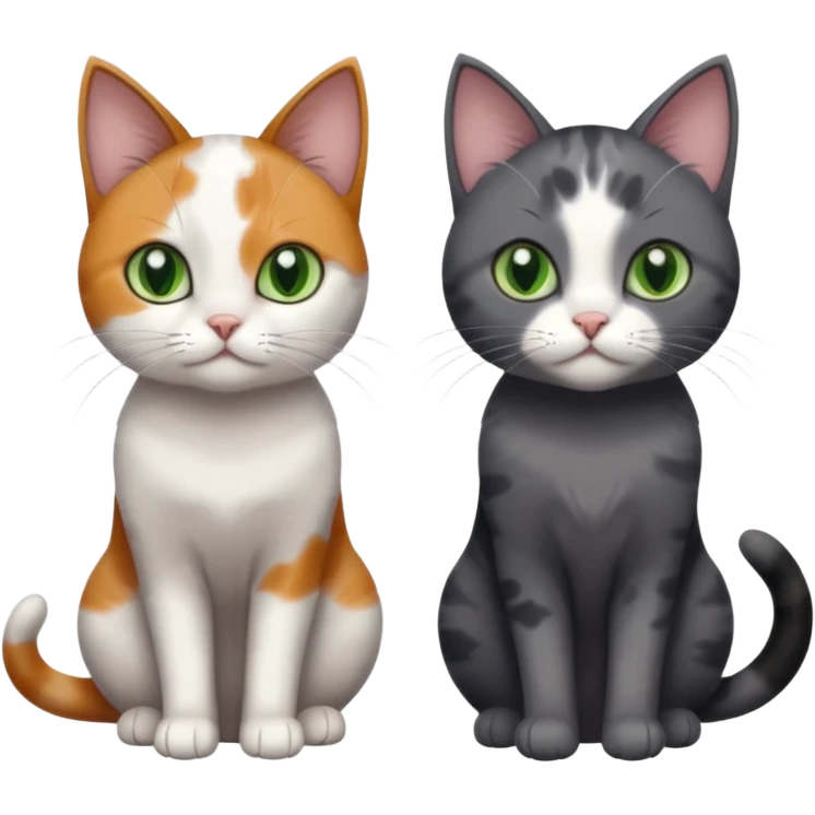 3 different coloured small cats including a dark grey and white, and a patchy calico and a completely solid dark grey with green eyes and only white paws emoji