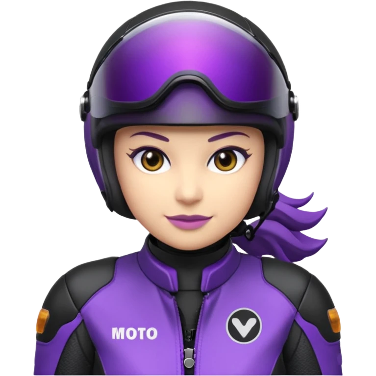 Créer un emoji avec une moto mt07 sport noir mate / violet iridescent très foncé, pare-brise de la moto violet. Avec une femme pilote dessus, visage caché’ par la visière violette, visière cachant tout le visage .Avec en arrière plan cercle violet. emoji