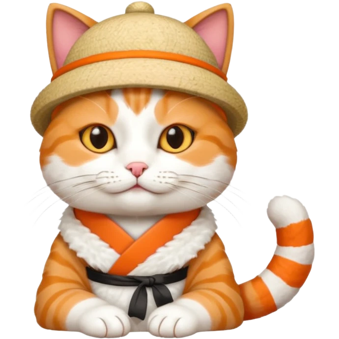 cat with its fingers crossed wearing a hat made out of sushi emoji