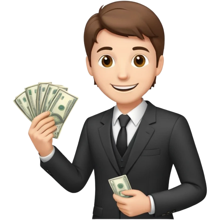 white male in a suit with money in his hand, smiling expression, happy face, brown hair emoji