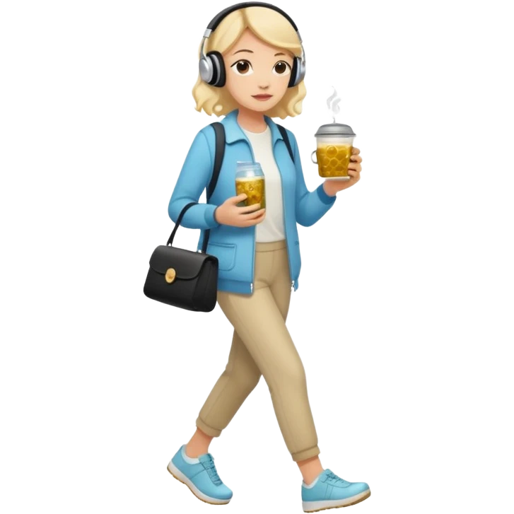 a young woman full length walks with headphones on with a caviar sandwich in one hand and herbal tea in the other hand emoji