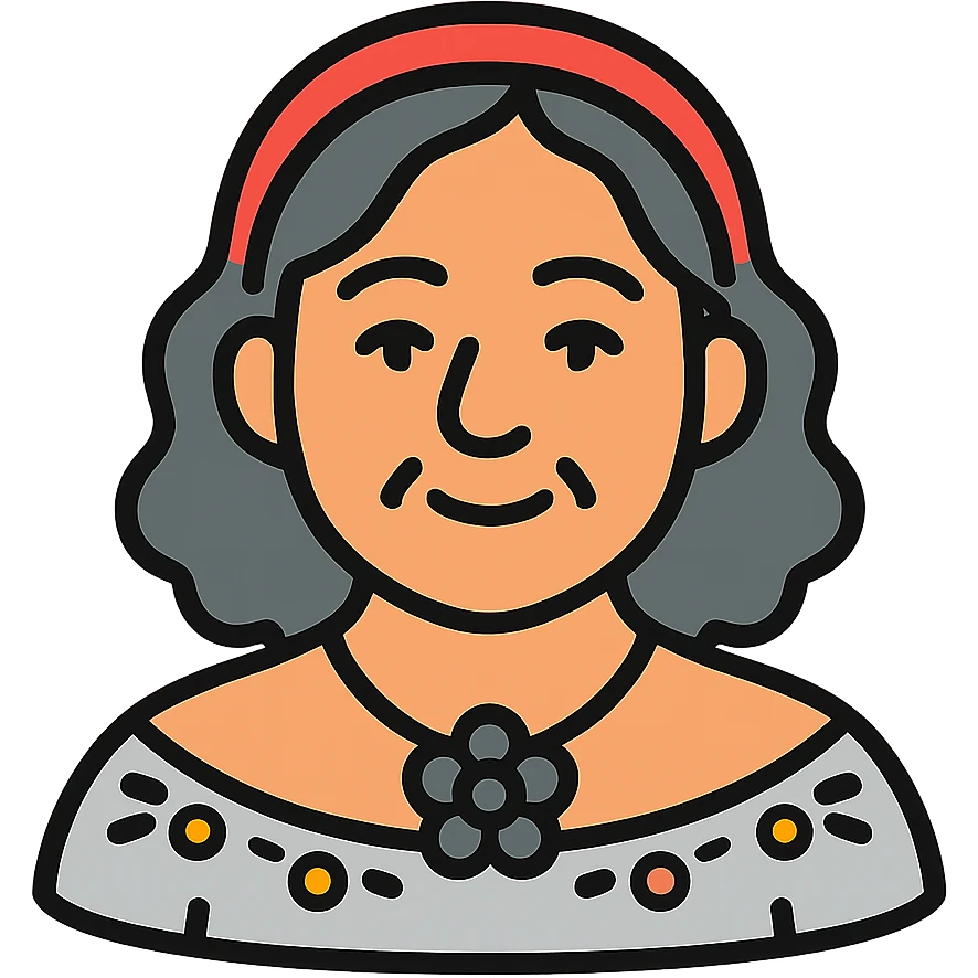 Latina woman around 50 years old, warm light brown skin, soft round face with slightly prominent cheeks, neutral-pleasant expression, wavy shoulder-length hair mixed black and gray, red and white headband, medium eyes with thin subtly painted eyebrows, discreet kind smile, gray peasant blouse with decorative embroidery and bare shoulders, dark large stone or flower necklace, warm maternal energy emoji