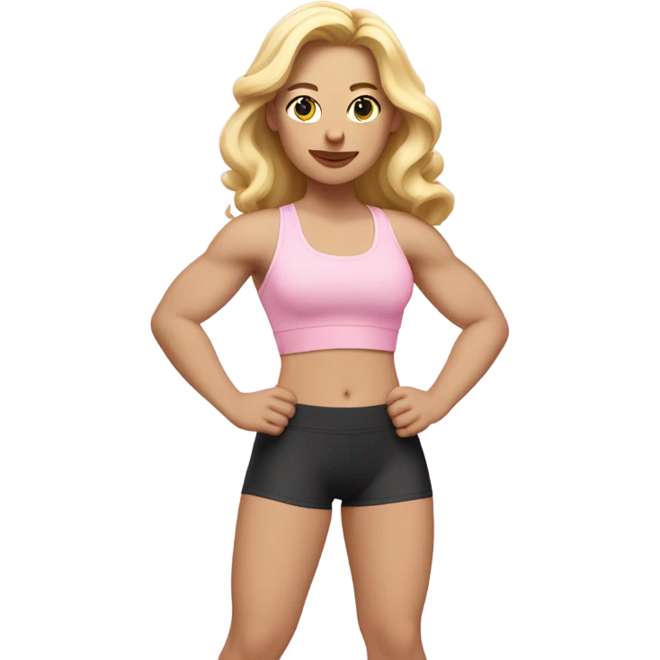 White woman, pale skin, long hair, blonde hair, wavy hair, baby pink sports bra, baby pink leggings, flexing right arm emoji