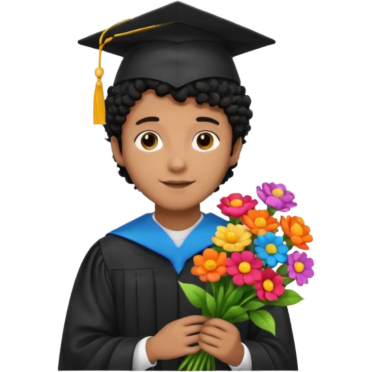 Graduated Students, Male,  brown skin, black curly hair, wearing graduation cap, holding bouquet of flowers
 emoji