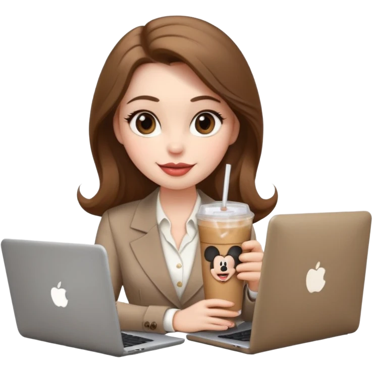 Women in front of laptop that has a Mickey sticker on it, with a happy face, face a little fuller, lips plump, full eyebrows, long light brown hair, light brown big eyes, light pale skin with a iced coffee on the side, business attire emoji