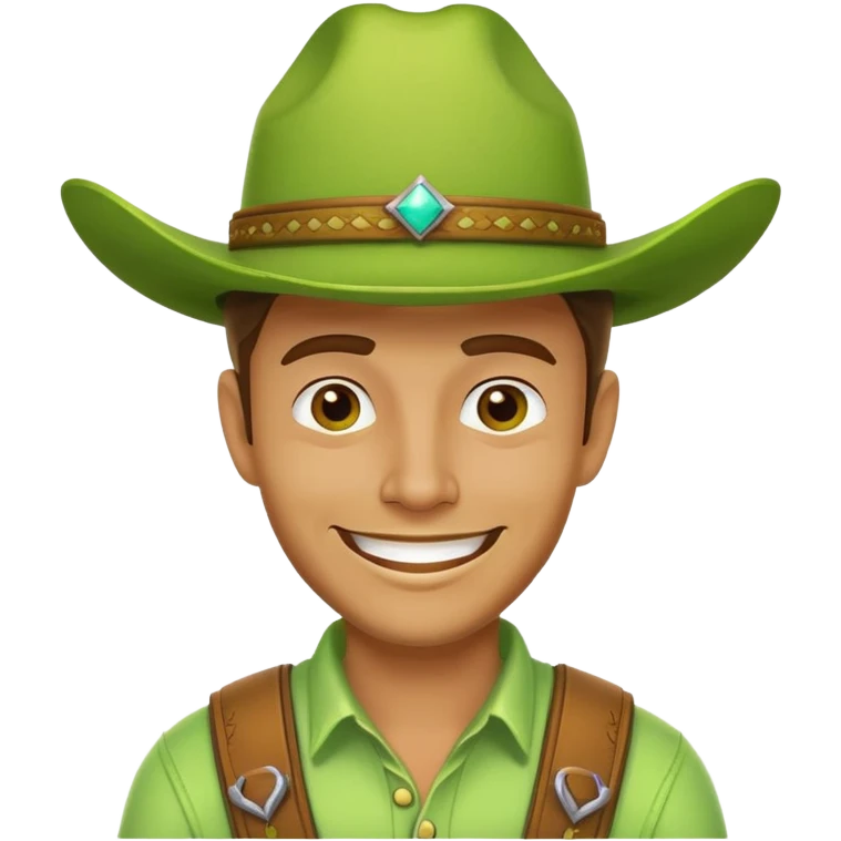 Cowboy face with a large lime green hat and a grin emoji