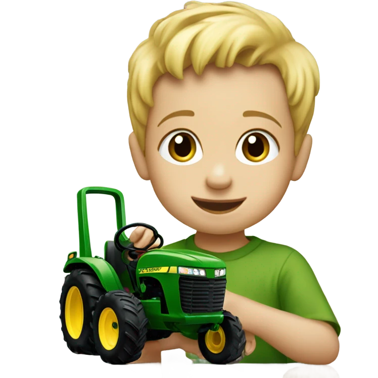 3 year old blonde boy playing with a John Deere emoji