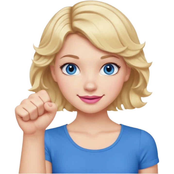 Girl Blonde short wavy hair,  blue eyes, cute blue top, long lashes, pink lips, smiling, 👊🏻 emoji
