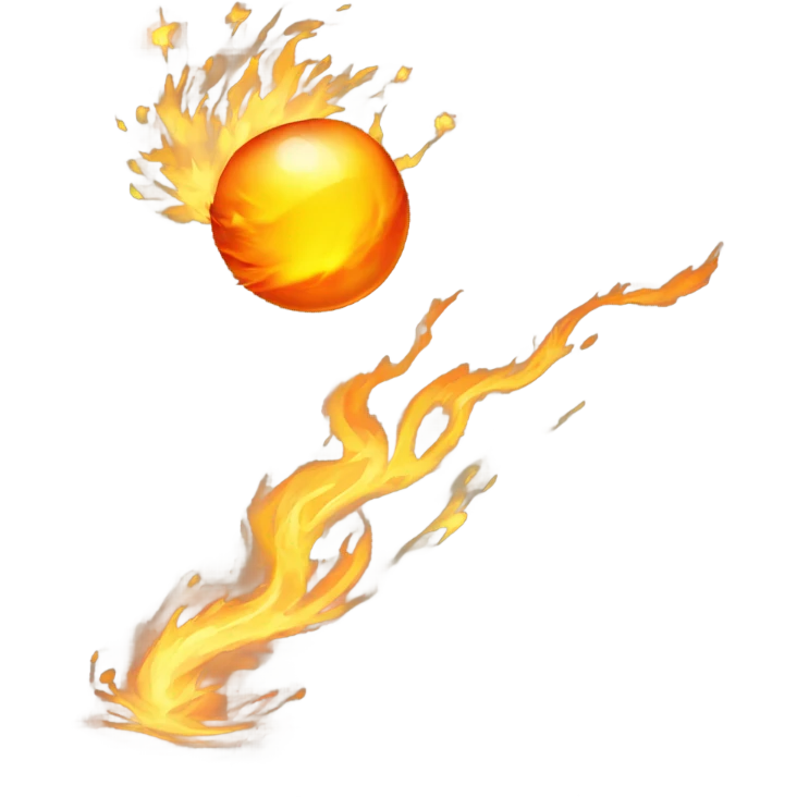 A glowing, spinning orb of fire, with orange and yellow flames swirling around it, leaving a trail of heat and sparks as it flies toward a target. emoji