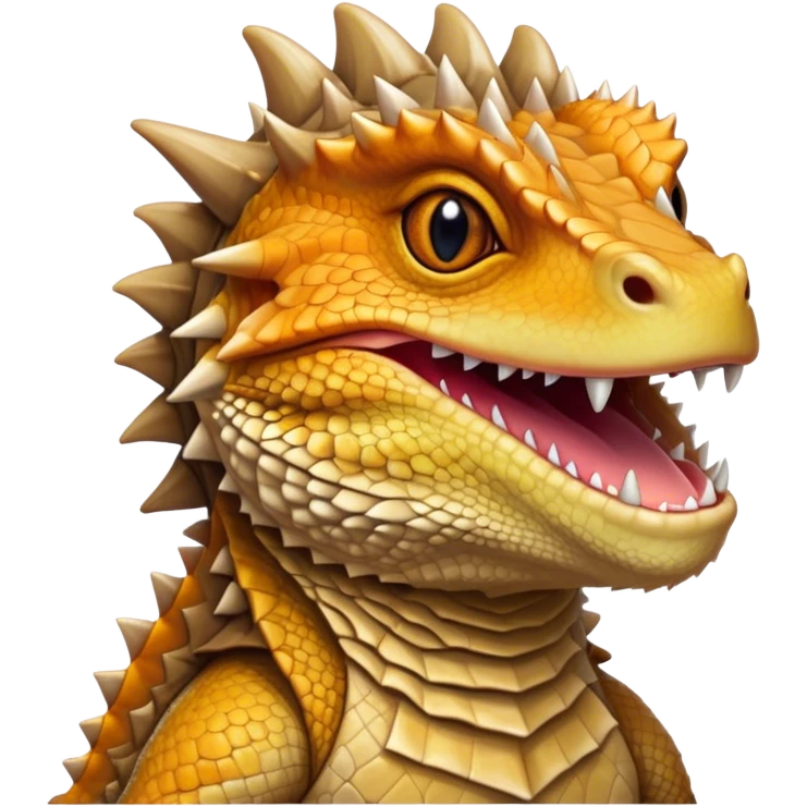 Cinematic Noble Bearded Dragon Portrait Emoji, Poised and regal, with a robust, angular build and a textured, scaled hide in earthy olive and sandy tones, a prominent spiky 'beard' beneath its chin and a keen, alert gaze, Simplified yet sharp and sophisticated features, highly detailed, glowing with a soft, dignified glow, high shine, intelligent and fierce, stylized with an air of desert majesty, focused and attentive, soft glowing outline, capturing the essence of a watchful and commanding reptile, so majestic it feels as though it could scuttle out of the screen with effortless authority! emoji