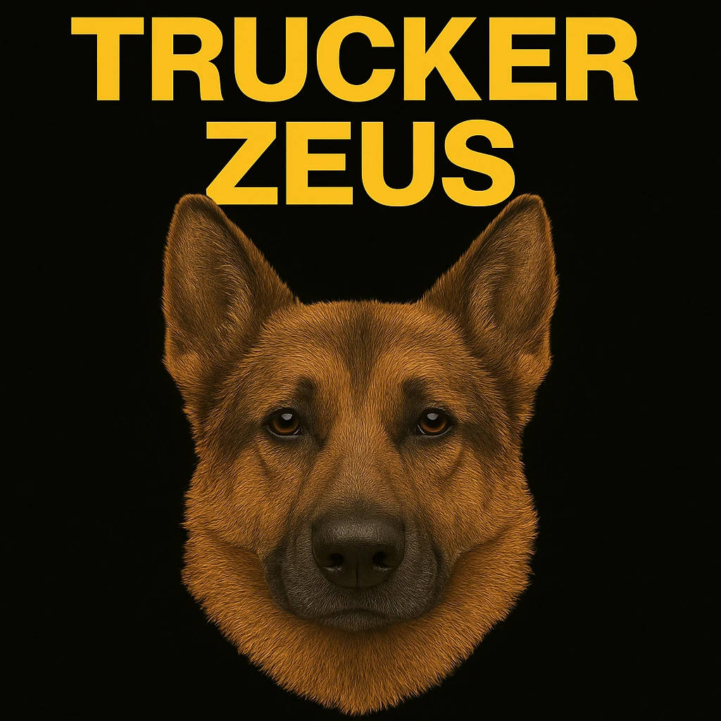Apply maximum compression to reduce file size as much as possible while keeping transparency, realistic German Shepherd, and yellow 'Trucker Zeus' text. emoji