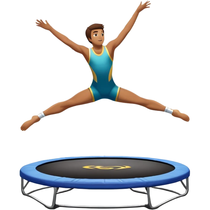 An athletic person soaring high above a trampoline, executing an acrobatic flip with perfect form. The scene captures motion and energy, with a dynamic pose, stretched limbs, and a focused expression. The background suggests a professional trampoline arena with safety padding. emoji