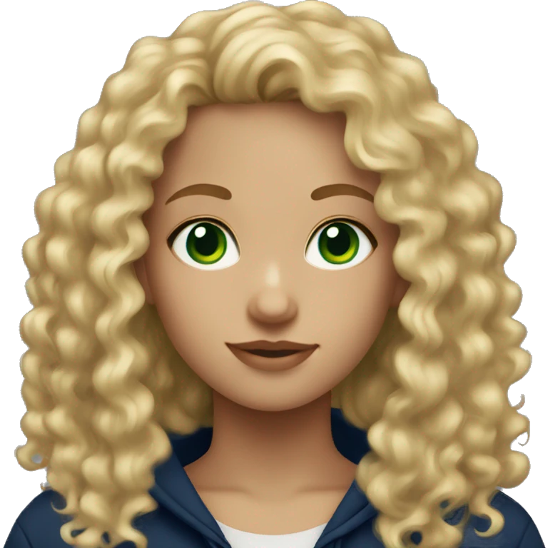 Blonde curly hair girl with green eyes and navy blue hoodie emoji