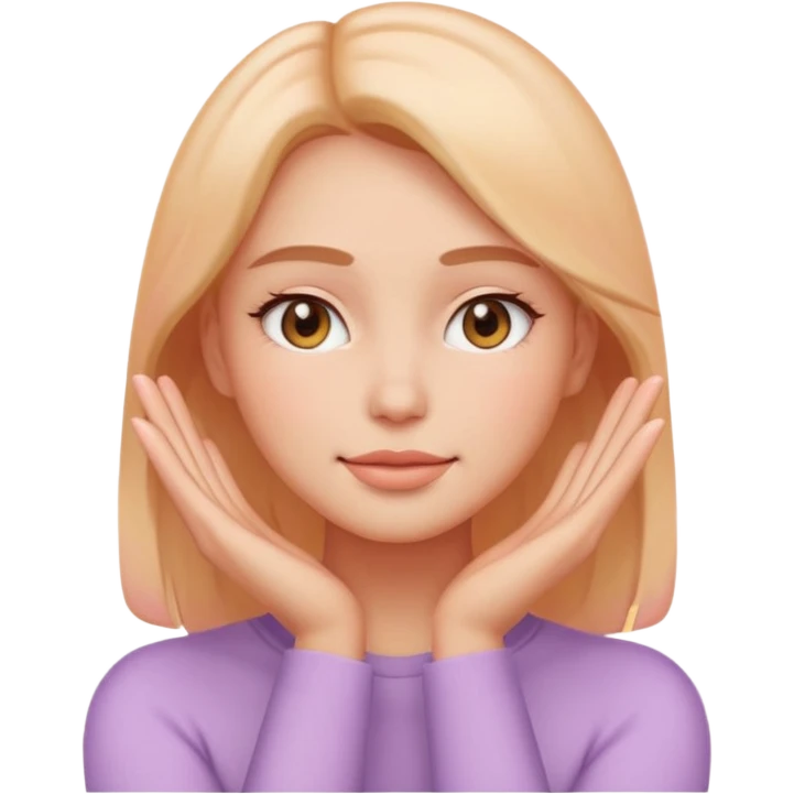 Emoji of glowing female face with hands on cheeks, skincare, pastel, flat, minimal emoji