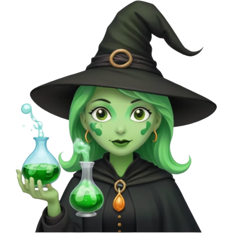 Witch with Green Skin – long-nosed witch in black hat holding potion emoji