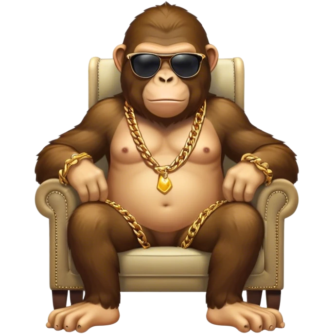 ape with big golden chain on the neck wearing sunglasses sitting in the armchair full height emoji