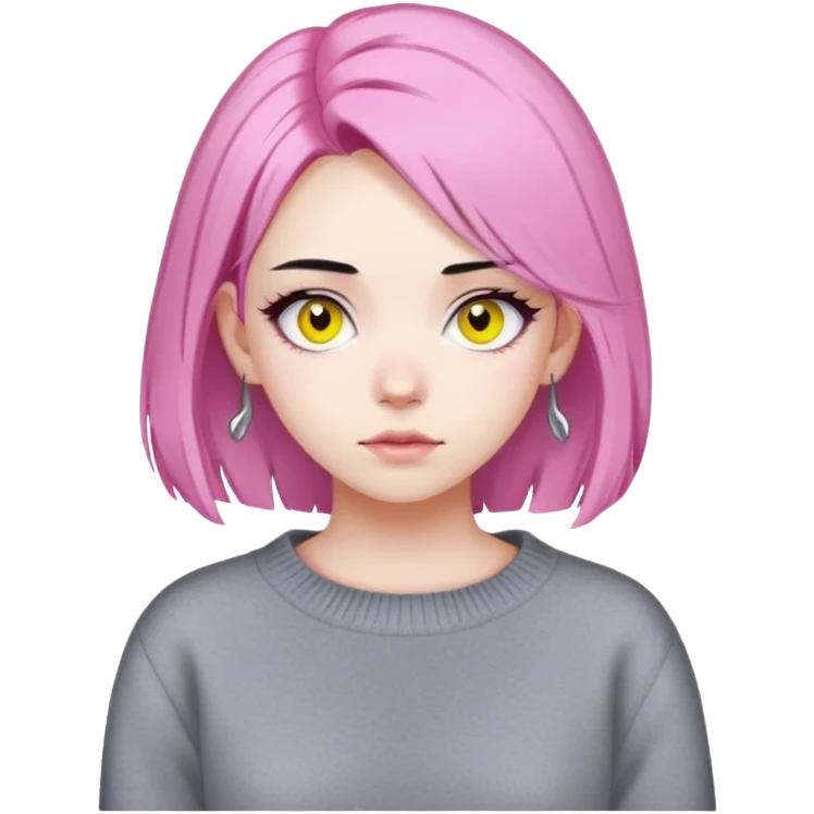 girl. With pale skin and black hair,with pink hair dye in the end. Yellow eyes. Gray sweater . with white hairpins emoji