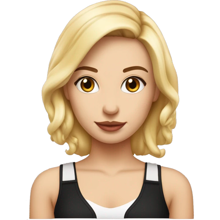 una chica blanca con cabello rubio, ropa rosa, ojos color miel con cabello lacio tomando fuzetea de té negro emoji