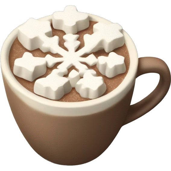 A cup of hot chocolate in a textured cream colored mug with snowflake shaped marshmallows on top emoji
