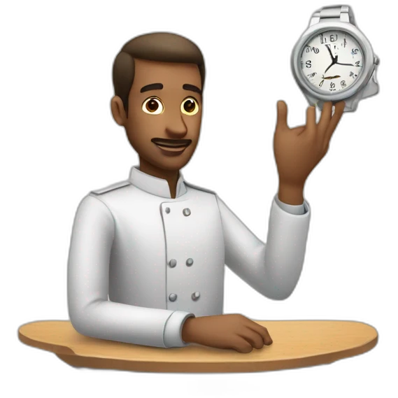 Man setting on resturent seeing watch in our hand emoji