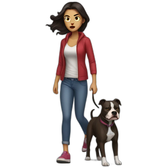 a woman with dark hair is angry and walk with a pitbull emoji