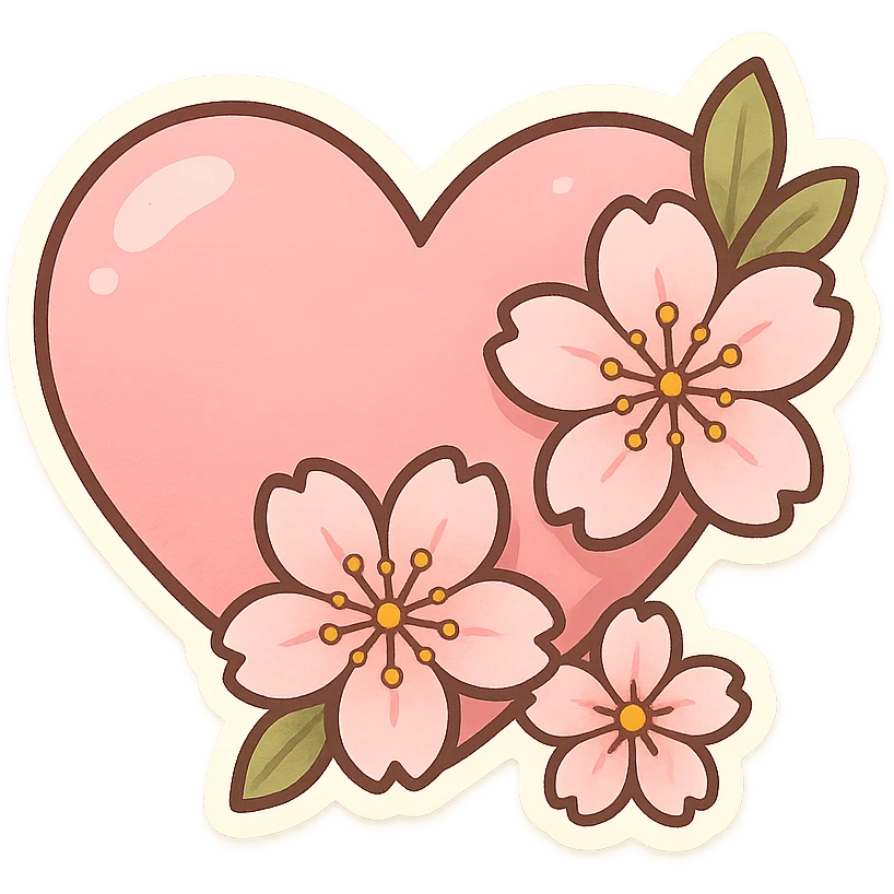 pink heart with sakura flowers, chibi stickers style emoji