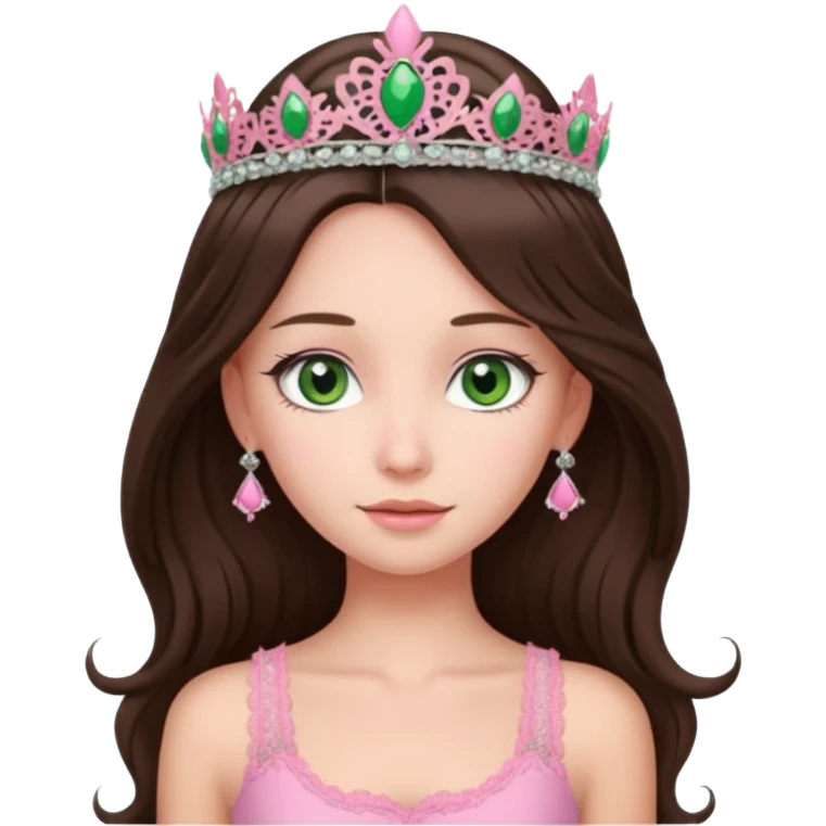 super long haired brunette with middle part cute pink lacy tank with a pink tiara on head, white but with a little bit of tan green eyes  emoji