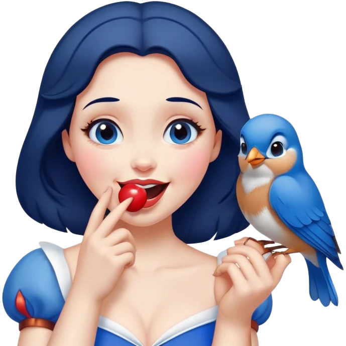 Cinematic Adorable Snow White Portrait Emoji, Giggling as a bluebird perches on her finger, cheeks rosy with joy, bright expressive eyes full of wonder, her innocence and beauty blending into a heartwarming moment! emoji