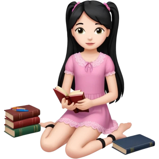 A beautiful girl, wearing a pink lace dress, her long straight black hair is tied in two ponytails, she holds books and crayons in her hands, her feet are bare, sitting on the floor with her legs crossed. emoji