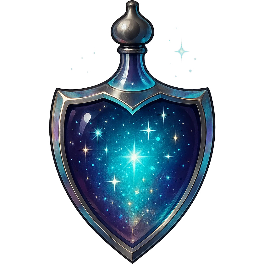 shield-shaped luxurious elixir bottle, elegant color palette, iridescent and silver details, intense magical glowing and sparkling effects, very small neck, seamless bottom, transparent background, floating, no base or shadow, modern, matching a collection emoji