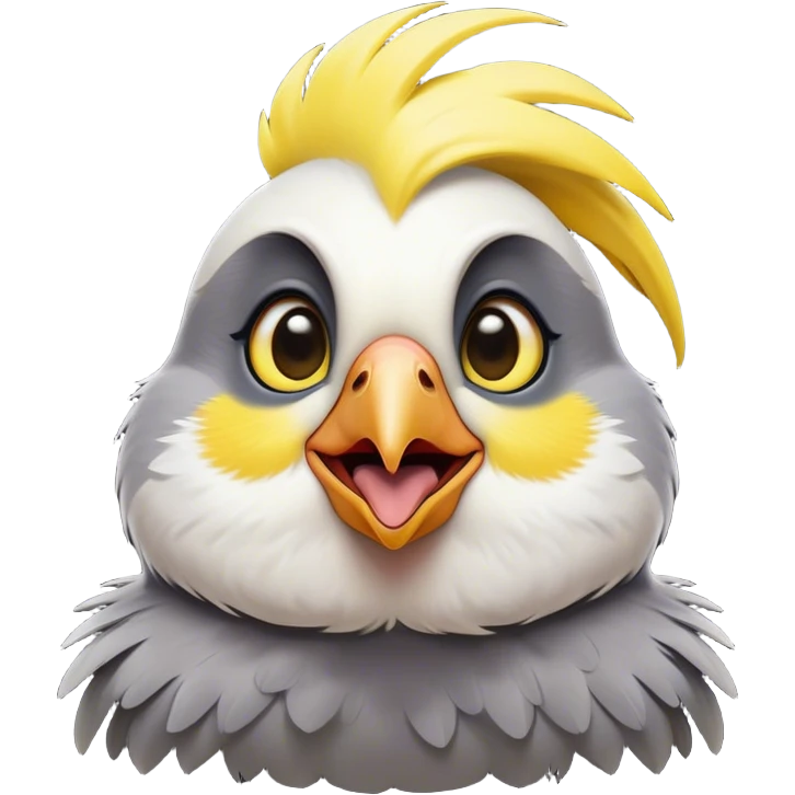Cinematic Comical Cockatiel Portrait Emoji, Head tilted dramatically with an exaggeratedly amused expression, featuring a striking grey fur with bold yellow accents and a flamboyant crest, wide, expressive dark eyes filled with playful disbelief, Simplified yet hilariously expressive features, highly detailed, glowing with a slightly sassy glow, high shine, dramatic yet playful, stylized with an air of cheeky mischief, bright and endearing, soft glowing outline, capturing the essence of a spirited and over-the-top cockatiel, so meme-worthy it feels like it could side-eye its way into internet fame instantly! emoji