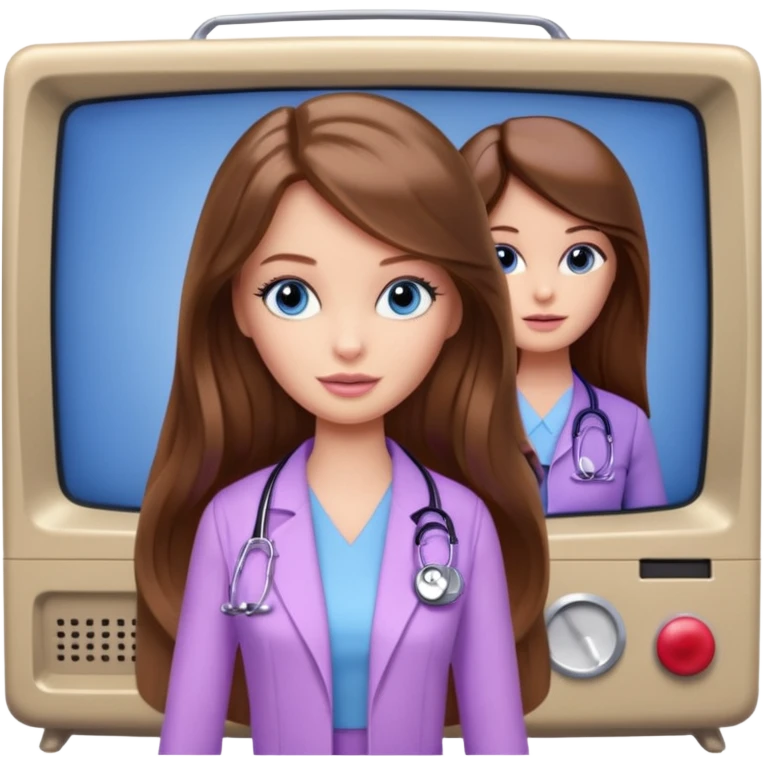beautiful barbie girl with long brown hair, blue eyes and wearing light purple clothes watching tv show doctor who emoji