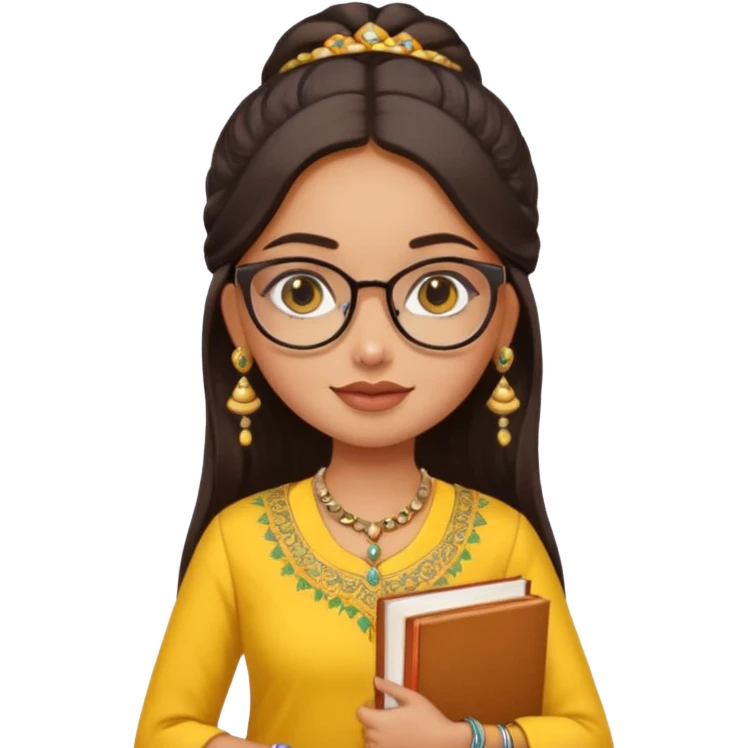 a pretty bratz fair indian girl wearing spectacles, jhumkas, kurti yellow, carrying books emoji