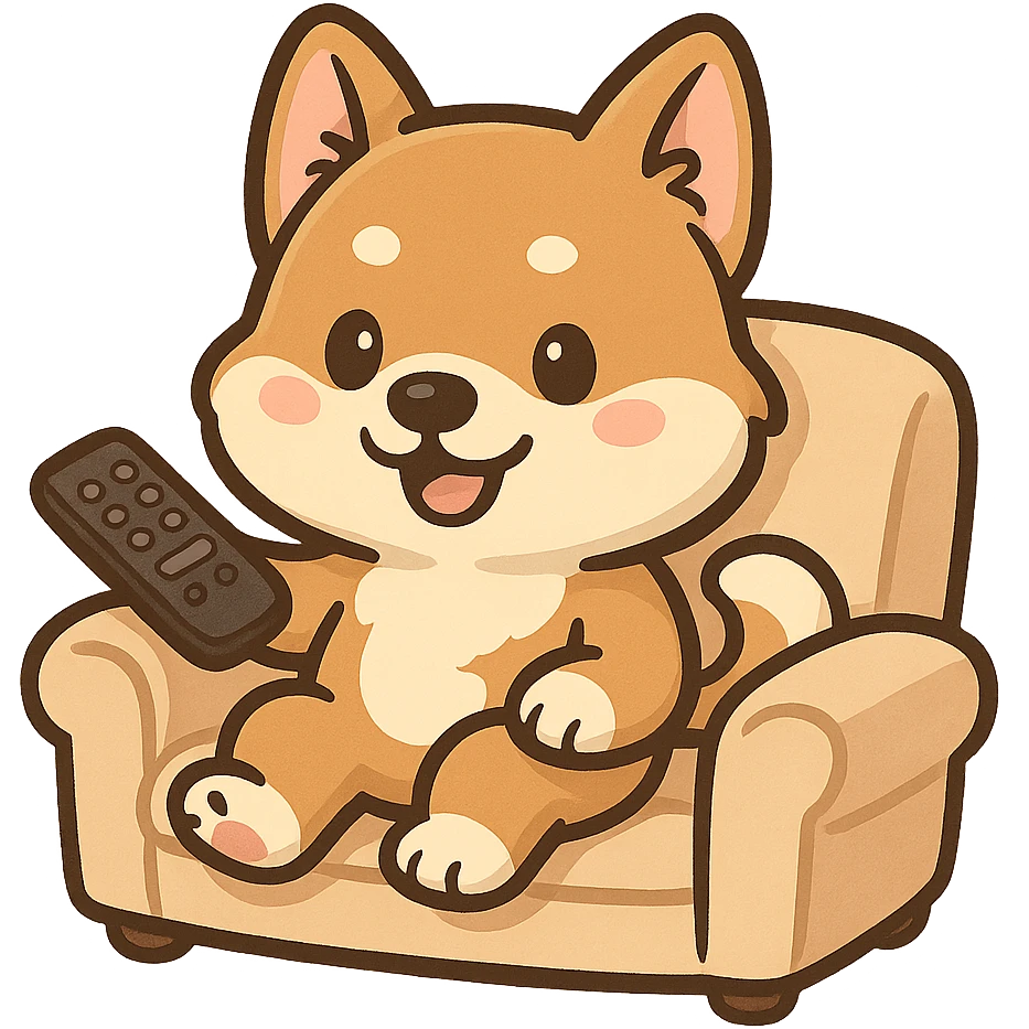 a fun and friendly dog holding a remote and sitting on a couch, cartoon style, playful and cute, relaxed vibe emoji