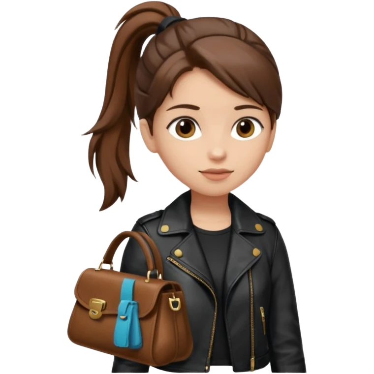 A girl with a pony tail brown hair and white ish skin with a black jacket and a brown purse  emoji